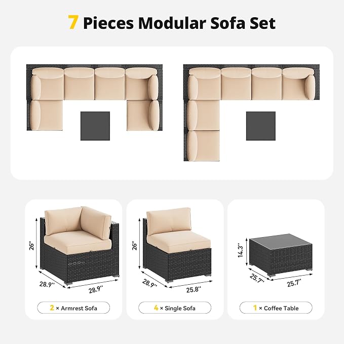 Aoxun Patio Furniture Set with Umbrella, 8 Piece Outdoor Sectional Sofas, Wicker Rattan Outdoor Furniture with Thickened Cushion for Backyard, Garden Beige