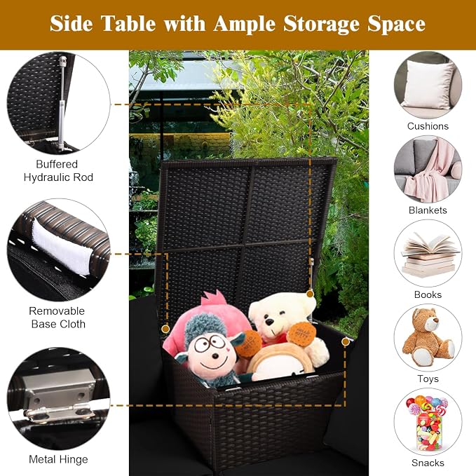 Tangkula 4 Piece Wicker Patio Set with Storage, All Weather-Proof Outdoor Conversation Set with Loveseat, Glass Top Coffee Table & Storage Box, Suitable for Garden, Poolside, Sunroom (1, Black)