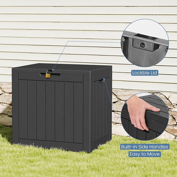 DUMOS 31 Gallon Deck Box, Lockable Outside Storage Box for Outdoor Use, Outside Waterproof Resin Package Delivery Box for Backyard Patio Garden, Striped Black