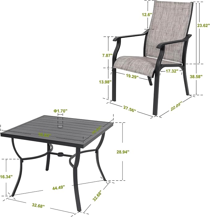 NUU GARDEN 5 Piece Outdoor Patio Dining Set, 36" Aluminum Patio Dining Square Table and 4 All Weather Textilene Patio Chairs with 1.97" Umbrella Hole for Backyard, Patio, Garden, Grey&Black