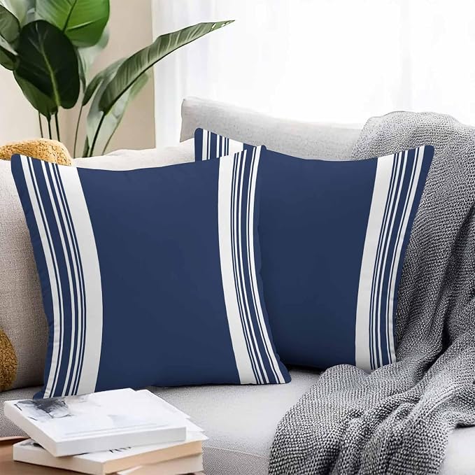 Farmhouse Navy Blue Outdoor Waterproof Throw Pillow Covers 16x16 Set of 2, Aesthetic Modern Line Striped Decorative Pillowcases Cushion Pillowcase for Couch Sofa Patio Outside Pillow Protector