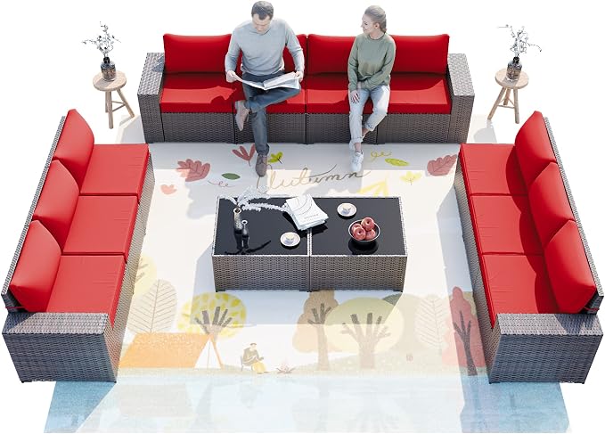 ALAULM 12 Pieces Outdoor Patio Furniture Set Sectional Sofa Sets Brown PE Rattan Patio Conversation Set w/10 Rose Red Seat Cushions and 2 Coffee Tables