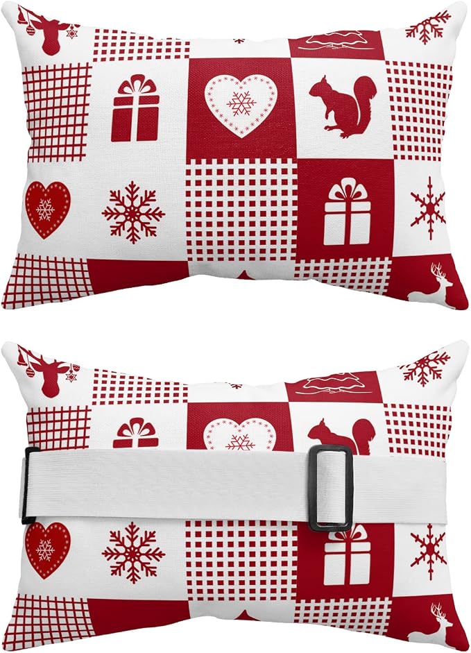 Outdoor Pillows Covers with Inserts Christmas Elk Snowflakes Red Buffalo Plaid Waterproof Recliner Pillow with Adjustable Strap Throw Pillows for Patio Furniture Pool Lounge Chair, 11x16 inch, 1PCS