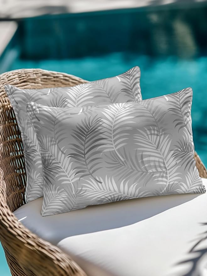 Waterproof Outdoor Pillow 1 Pack Grey Tropical Palm Leaves Decorative Throw Pillows Cover & Insert 20x12 Inch Lumbar Pillowcase Summer Jungle Foliage Pillows for Couch Sofa Bed Patio Furniture
