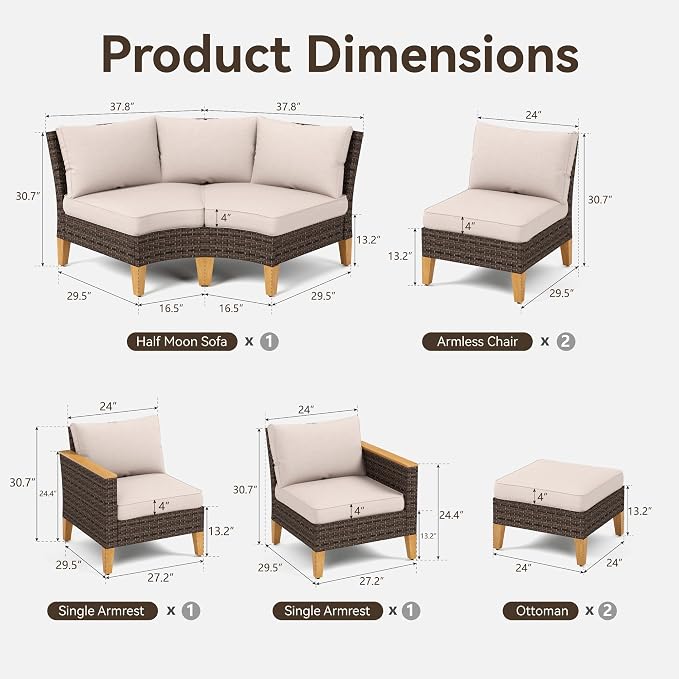 GREEN PARTY 8 Pieces Wicker Patio Furniture Set, All-Weather Outdoor Rattan Half-Moon Curved Patio Sectional Sofa Conversation Set 8 Seats for Garden, Backyard, 2 x Ottomans