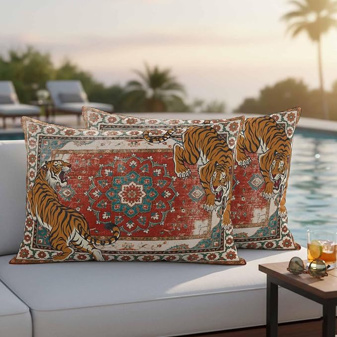 Tiger Print Outdoor Pillow Covers 20"x12" Set of 2, Boho Vintage Animal Orange Red Floral Geometric Waterproof Throw Pillow Covers for Patio Furniture, Decorative Cushion Covers for Porch