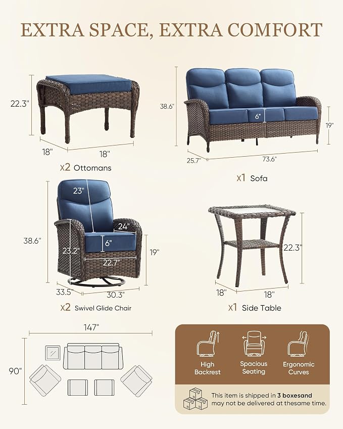 Belord Upgraded 6“ Cushion Luxury 6 Piece Patio Furniture Set - Wicker Couch Outdoor Conversation Set with Swivel Rocker Patio Chairs, Deep Seat Glider Chairs Set for Deck Porch - Brown/Blue