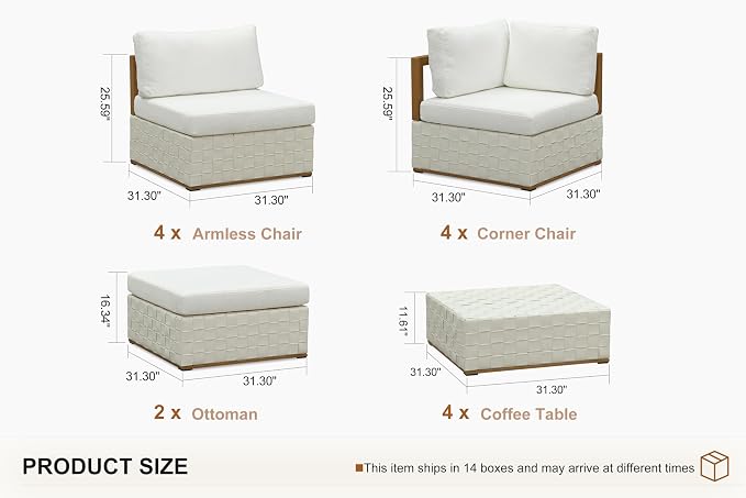 PURPLE LEAF Patio Outdoor Furniture Set 14 Pieces, Premium Leather Outdoor Couch Sectional Sofa, L-Shaped Patio Conversation Sets with Olefin Cushions, Patio Couch for Porch, Balcony, Garden, White