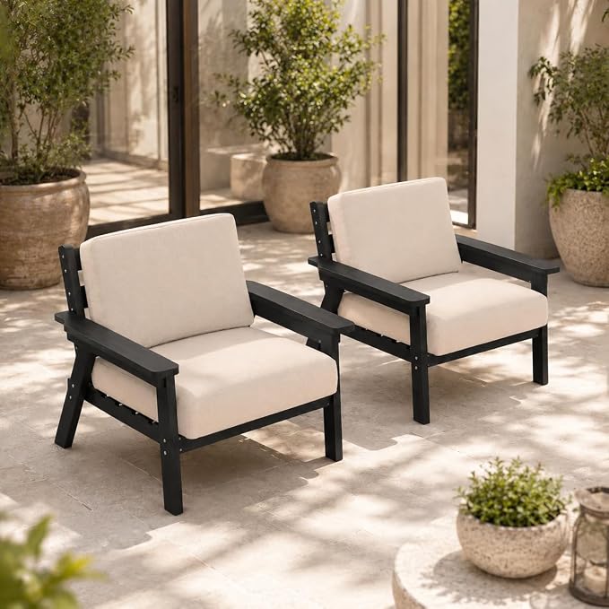 2 Piece HDPE Outdoor Furniture Set with Beige Cushions (Black Frame) | All-Weather HDPE, Modular Design, Extra-Deep Seating, Thick Cushions, Ideal for Backyard, Deck & Porch