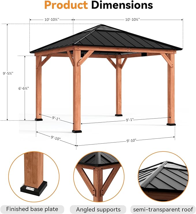 Modern Shade Tranquil Grove Wood Gazebo 11' x 11', Hardtop Gazebo Permanent with Galvanized Steel Roof, Cedar Outdoor Gazebo with Sturdy Hooks for Garden, Backyard, Patio and Deck