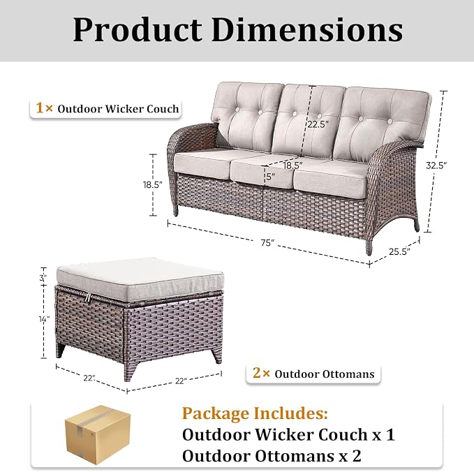 3-Piece Wicker Patio Furniture Set with 5-Inch Thick Cushions Outdoor Hand-Woven Rattan Sofa and Ottomans Set Weather Resistant Conversation Couch for Backyard Porch Garden Brown/Beige