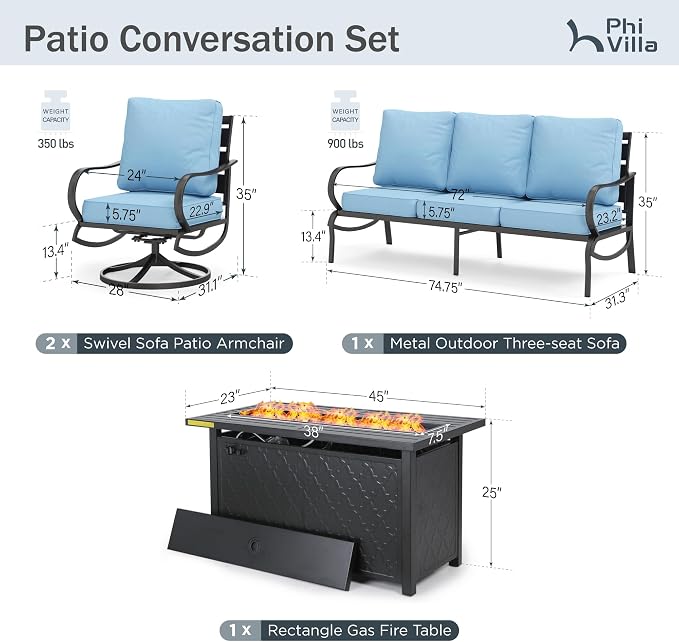 PHI VILLA 4 Piece Patio Furniture with Metal FirePit Table, 1 x 3-Seat Wide Deep Seating Bench & 2 x Swivel Sofa Chairs, 5.75" Thick Cushioned Outdoor Conversation Set for 5, Light Blue