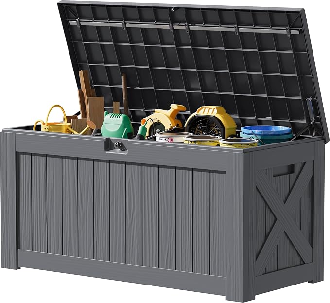 JUMMICO 120 Gallon Resin Deck Box, Large Outdoor Storage Box Waterproof & Lockable for Garden, Patio, Pools (Gray)