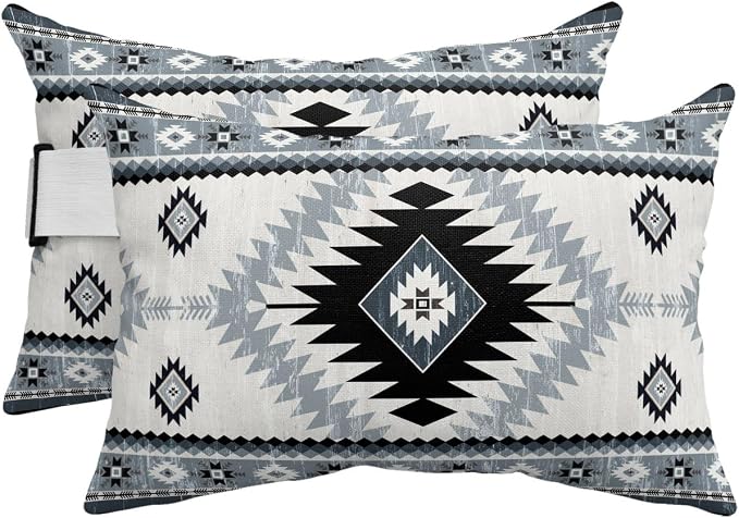 Outdoor Pillows Waterproof Covers Set of 2, Haze Blue Bohemian Adjustable Elastic Chaise Lounge Headrest Pillow Covers, Aztec Boho Tribal Decorative Lumbar Pillow for Pool Patio Furniture 20x12 Inch