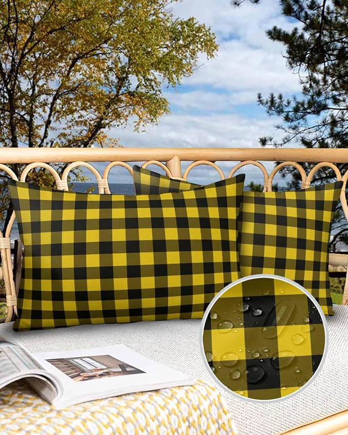 Outdoor Waterproof Throw Pillow Covers Set of 2 Yellow Buffalo Plaid Lumbar Pillowcases 20x12 Inches Pastoral Black Checked Decorative Pillows Cushion Case Patio Pillows for Couch Bed Chair Garden