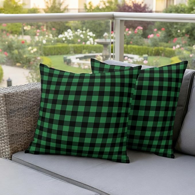 Forest Green Checks Outdoor Pillow Covers 20"x20" Set of 2, Black Gingham Plaid Abstract Modern Waterproof Throw Pillow Covers for Patio Furniture, Decorative Cushion Covers for Porch