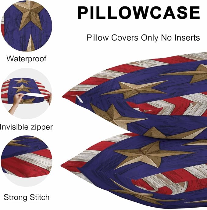 4th of July Outdoor Throw Pillows Covers 20x20 inch Set of 2 Waterproof Patriotic Stars Stripes Decorative Zippered Cushion Covers for Patio Furniture, Red White Blue Wood Grain Lumbar Pillowcases