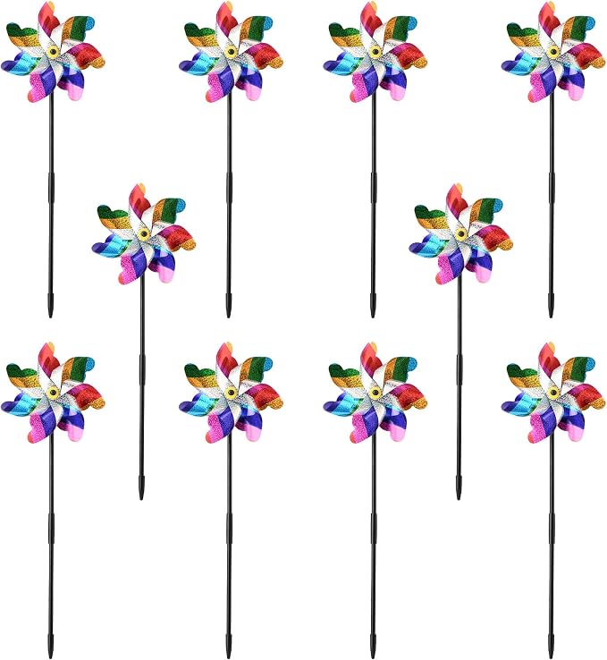 10 Pack Pre-Assembled Pinwheels for Yard and Garden, Colorful | Wind Spinner Measures 19.7'' H x 6.8'' W, Reflective Surface Sparkles In Sunlight, Connect Stakes For Yard, Garden Or Lawn