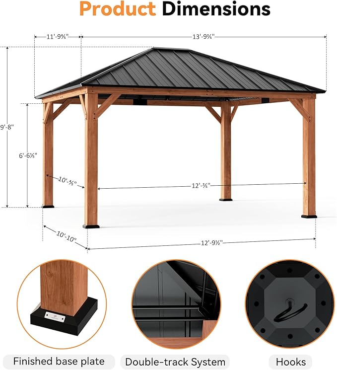 Modern Shade Tranquil Grove Wood Gazebo 12' x 14', Hardtop Gazebo Permanent with Galvanized Steel Roof, Cedar Outdoor Gazebo with Sturdy Hooks for Garden, Backyard, Patio and Deck