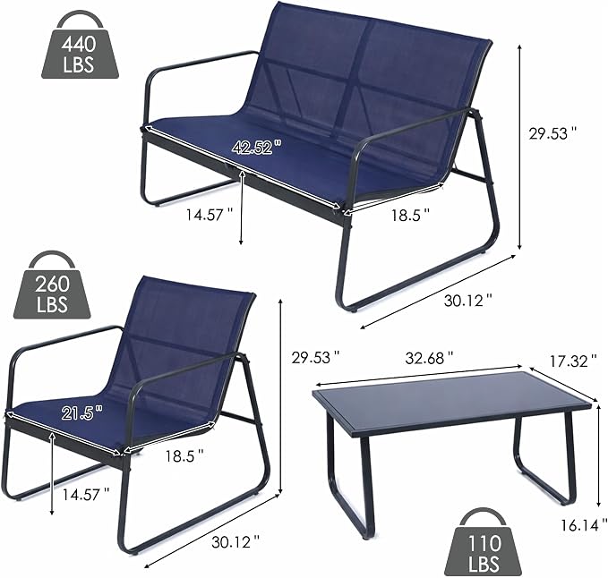 Kozyard Sofia 4-Piece Patio Conversation Set, Outdoor Furniture Set with Loveseat, 2 Chairs & Table, Breathable Textilene Seating, Powder-Coated Metal Frame, All-Weather for Balcony Backyard Navy Blue