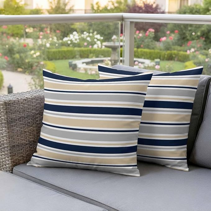 Outdoor Pillow Covers 18 x 18 Inches, Beige Navy Blue Striped Waterproof Throw Pillow Cover Set of 2, Farmhouse Stripes Modern Abstract Art Decorative Square Cushion Covers for Patio/Couch/Garden