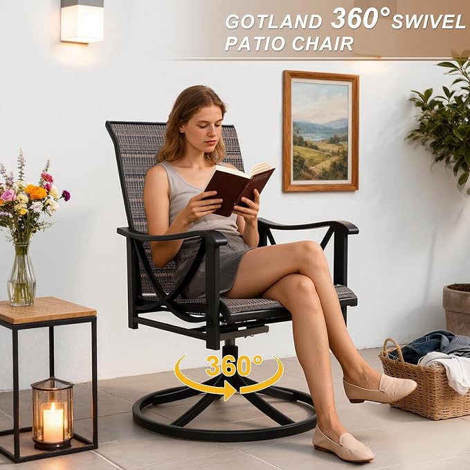 Gotland Patio Swivel Chairs Set of 2, Outdoor Dining Chairs with Breathable Teslin Seat Cushion & Backrest, 360° Outdoor Swivel Chairs with Metal Frame, Patio Dining Chairs for Deck Garden Brown