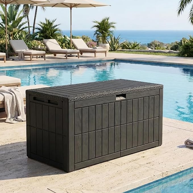 100 Gallon Outdoor Storage Box, Water Proof Resin Deck Box, Lockable Patio Outdoor Storage Box for Cushion Patio Furniture Pool Accessories Garden Tools Black