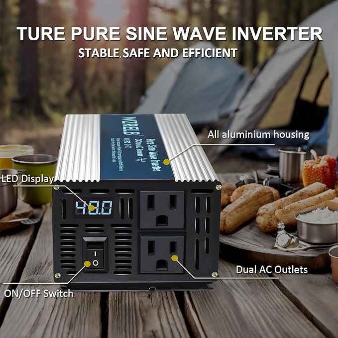 WZRELB 1200W Pure Sine Wave Inverter 48V DC to 110V 120V AC Power Converter with LED Display, Remote Controller, Off-Grid Power Inverter 2400W Surge for Home, RV, Truck, Camping