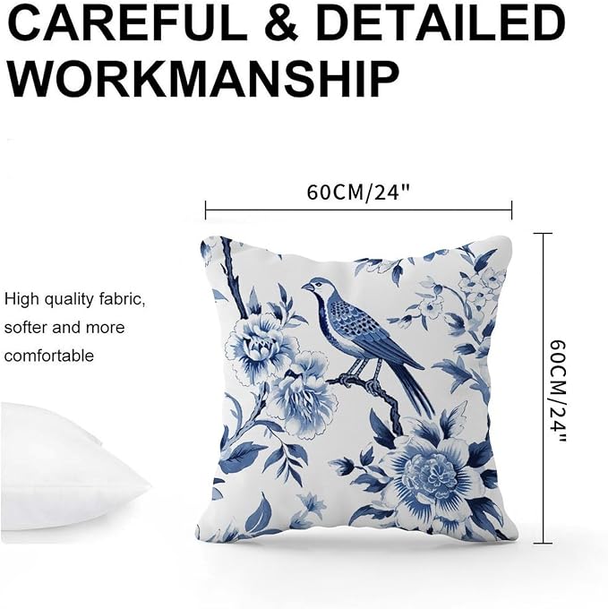 Pillowcase Blue Indigo Floral Chinoiserie Cushion Cover Farmhouse Asian Navy Lotus Bird Pillow Cover Accent Farmhouse Decor Pillow for Couch Sofa Patio 24x24 in