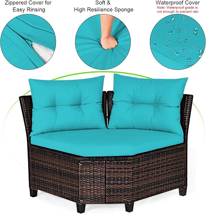 COSTWAY 4-Piece Patio Furniture Set, Wicker Rattan Sofa with Cushions and Coffee Table, Outdoor Sectional Conversation Sofa Set for Poolside Backyard Lawn Backyard (Turquoise)