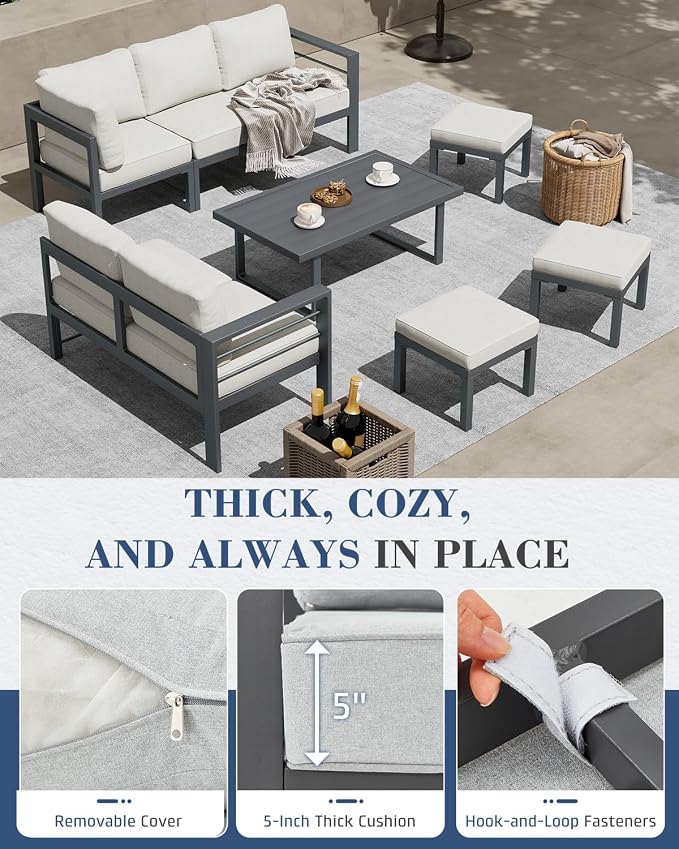 AECOJOY Aluminum Patio Furniture Set, 8 Seats Modern Outdoor Furniture with Adjustable Table, 7 Pieces Metal Conversation Sectional Sofa, Light Gray