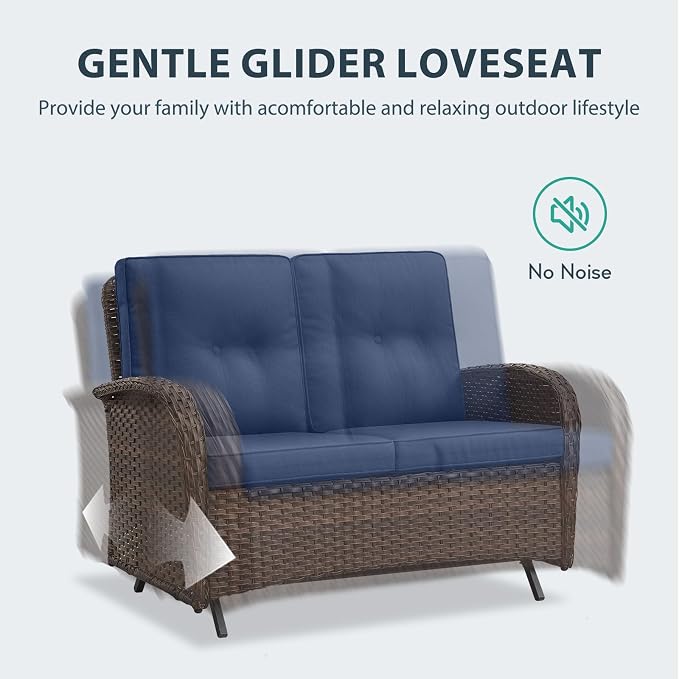 5 Piece Patio Furniture Set with Fire Pit Table - Wicker Patio Conversation Set with Swivel Glider, Glider Loveseat, Tempered Glass Side Table for Deck Backyard - Brown Wicker Blue Cushion