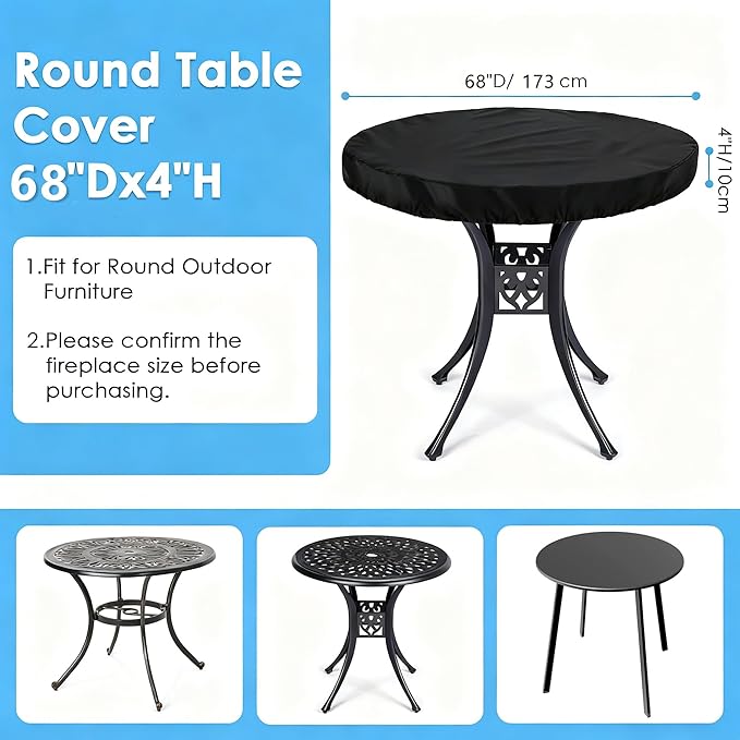 Round Outdoor Table Cover Waterproof Anti-UV Heavy Duty Round Patio Table Covers for Outdoor Furniture, Windproof Outdoor Patio Coffee & Dining Table & Table Top Cover Weatherproof Protector,68"D×4"H