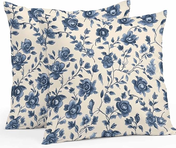 Pack of 2 Waterproof Outdoor Pillow Covers 20x20 Inch Decorative Pillow Covers Navy Blue Floral Throw Pillowcases Spring Vintage Blossom Botanical Outdoor Cushion Cover for Couch, Patio, Tent