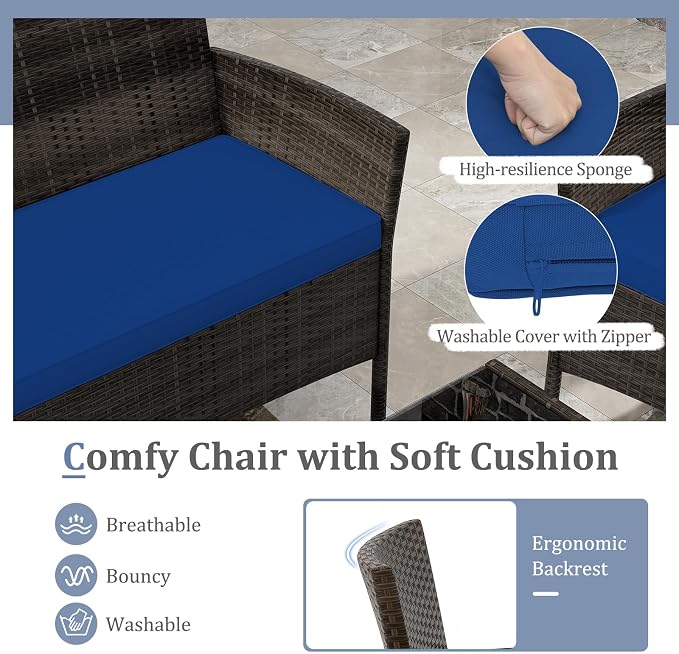 4 Piece Patio Furniture Set, Sectional Conversation Sofa Set with Glass Coffee Table, Cushions & Loveseat, Wicker Outdoor Table and Chairs for Pool, Garden, Deck, Backyard (1, Navy)