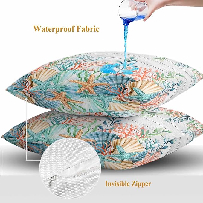 Throw Pillow Covers 20x20 Inch Set of 2, Summer Coastal Waterproof Outdoor Pillow Covers, Nautical Sea Coral Shell Starfish Wood Gray Decorative Cushion Pillowcases for Couch, Sofa, Bed, Garden, Patio