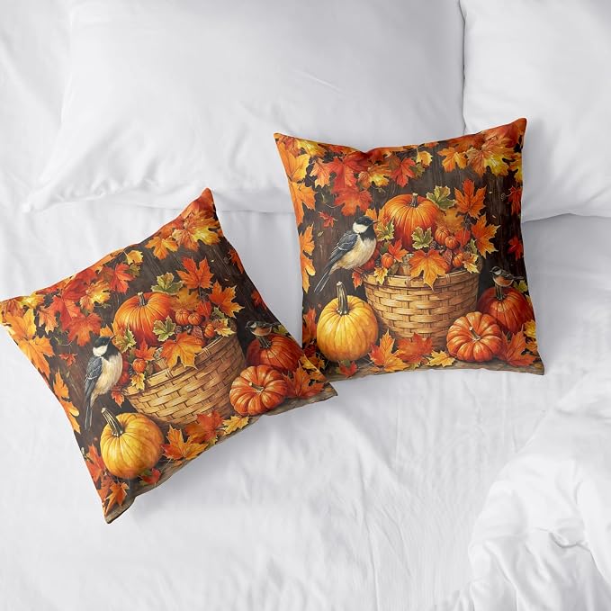 Orange Pumpkin Pillow Covers Autumn Outdoor Pillows Cases Fall Maple Leaf Throw Pillow Covers 18x18 Set of 2 Harvest Thanksgiving Cushion Cases for Home Farmhouse Couch Sofa