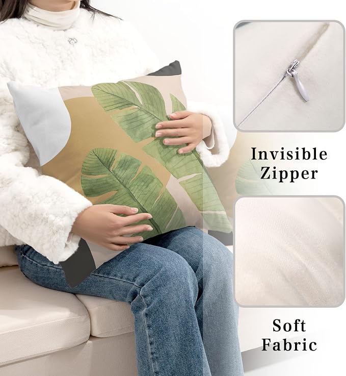 2 Pack Summer Tropical Green Leaves Cushion Covers Banana Palm Tree Pillowcases 22x22 Brown and White Throw Pillow Cover Home Room Decor for Couch Bed