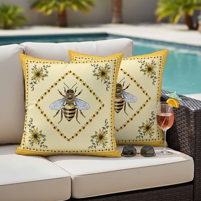 Sunflowers and Bee Outdoor Pillow Covers Set of 2, Farmhouse Retro Floral Decorative Waterproof Throw Pillow Case, Animal Honeybee Cushion Pillowcases for Couch Garden Patio 16x16In