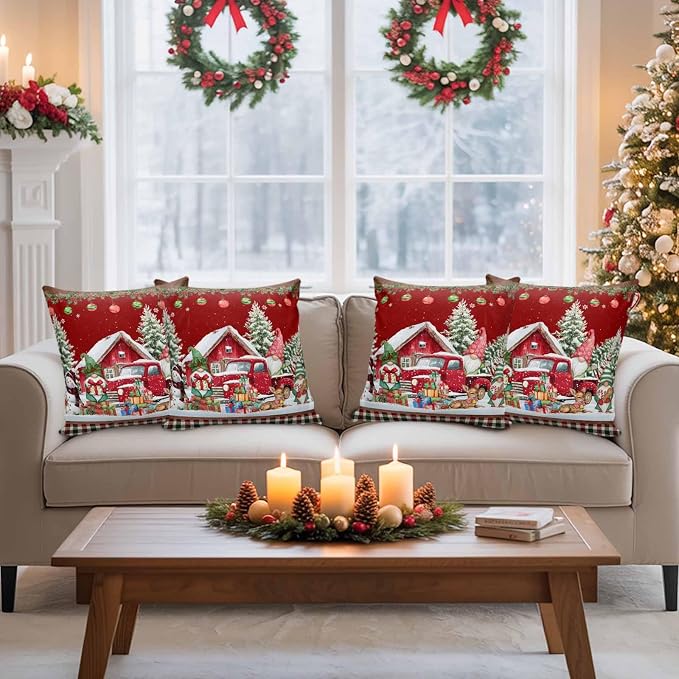Red Christmas Throw Pillow Covers 26x26 Inch Set of 2, Truck Elk Xmas Tree Snowflake Ball Winter Gnomes Waterproof Outdoor Cushion Covers, Decorative Pillowcases for Couch, Sofa, Bed, Garden, Patio