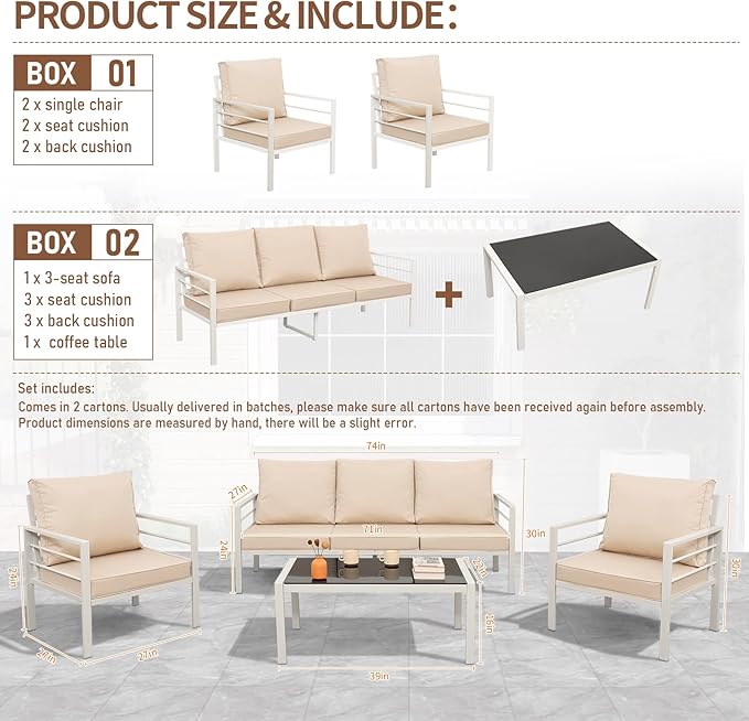 Oasishine 4-Piece Aluminum Patio Furniture Set White Outdoor Metal Frame Sofa Set with High Backrest Seating Glass Coffee Table All-Weather with Non-Slip Cushions and Waterproof Covers, Khaki