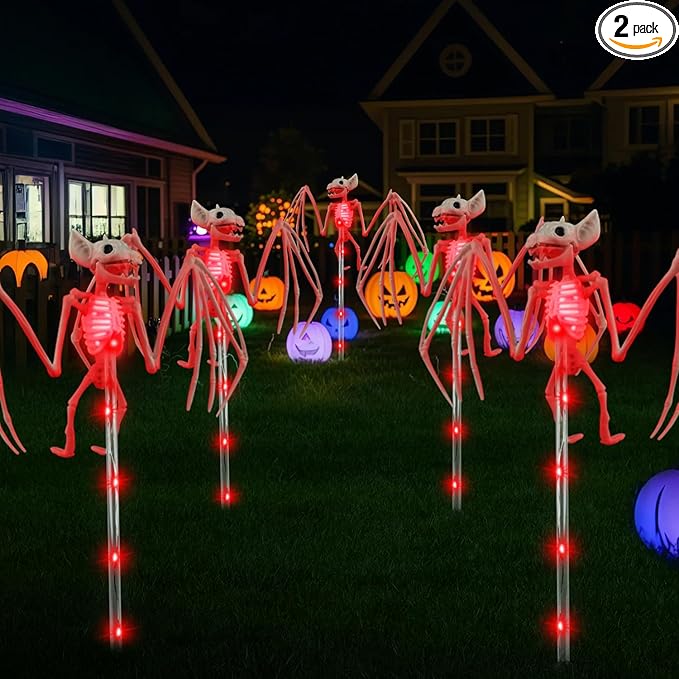 2PCS of Set Solar Garden Lights Outdoor for Halloween Decorations,3D RED Scary Bat Realistic Skeleton Decor for Halloween Party Decor,Solar Bats Path Lights for Lawn/Porch/Creepy Grave Décor