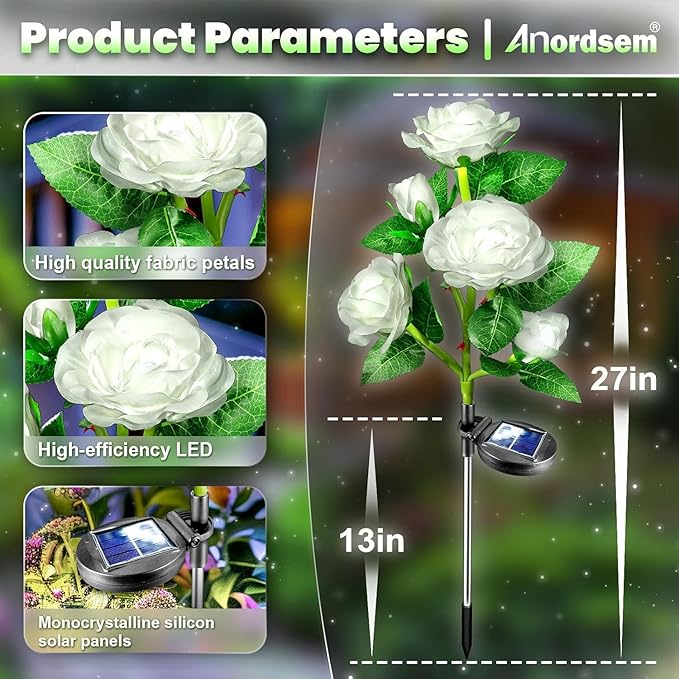 Anordsem Solar Garden Lights Outdoor: 20 Artificial Fabric White Roses Flowers 4 Pack- LED Flower Decorations for Cemetery Grave Pathway Yard- Valentine's Day Gifts for Women, Wife and Mother