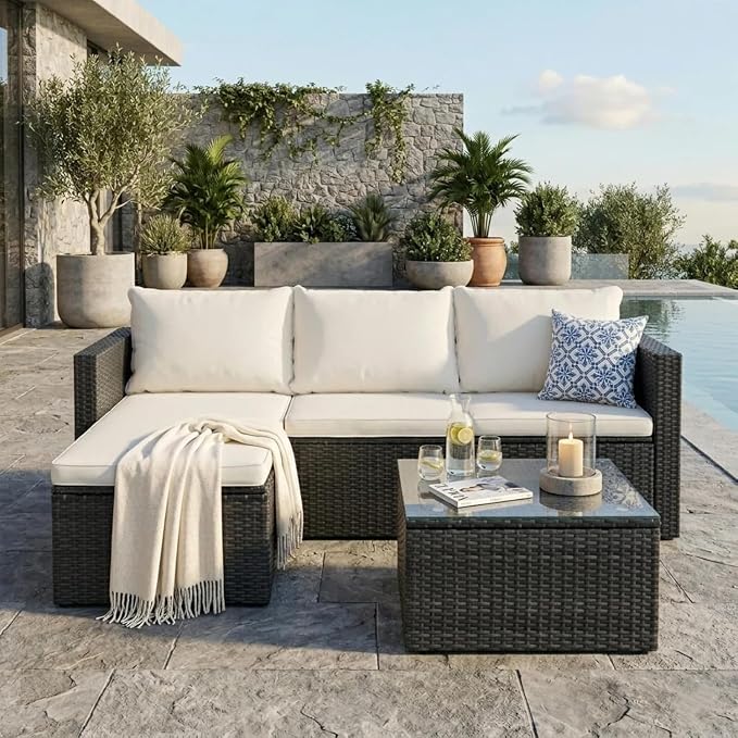JAMFLY 3-Piece Outdoor Sectional Sofa Set with Glass Coffee Table, All-Weather PE Wicker Patio Furniture with Thick Cushions, Modular Conversation Set for Small Balcony, Deck & Porch, Beige