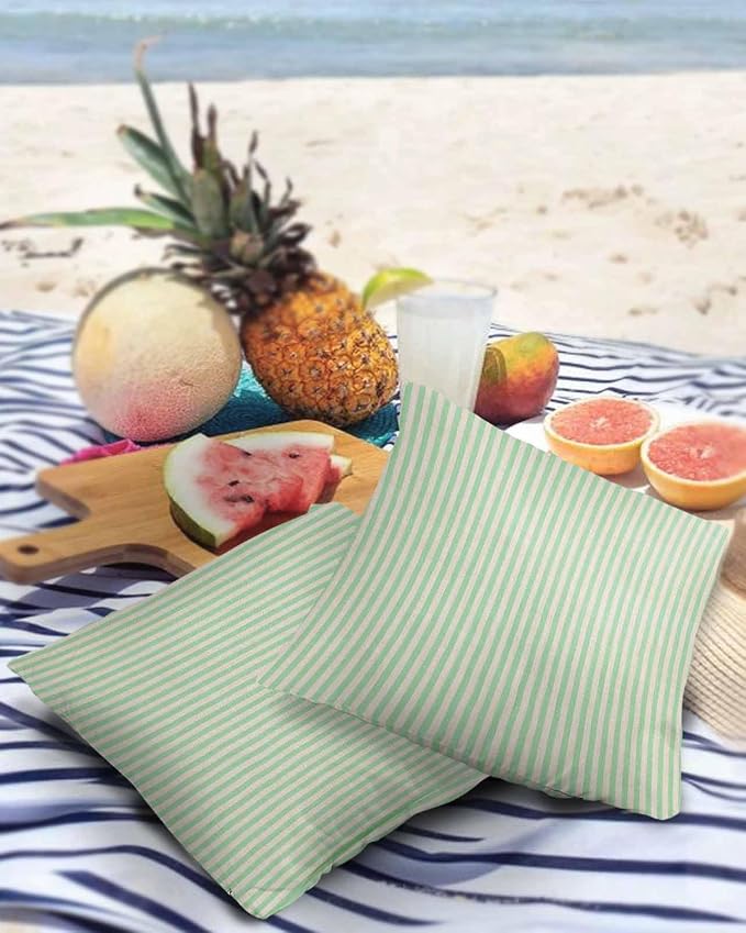 Outdoor Waterproof Throw Pillow Covers Set of 2 Green Stripes Pillowcases 20x20 Inches Linen Classic Vertical Striped Patio Decorative Pillows Cushion Case Patio Pillows for Couch Bed Chair Garden