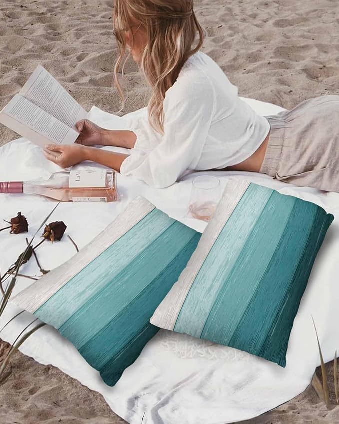 Outdoor Waterproof Throw Pillows Farmhouse Turquoise Wood Grain Patio Pillows Pack of 2,Decorative Pillow Covers with Insert,Pillow Cushion Case for Garden Couch Sofa Farm Rustic Gradient Stripes