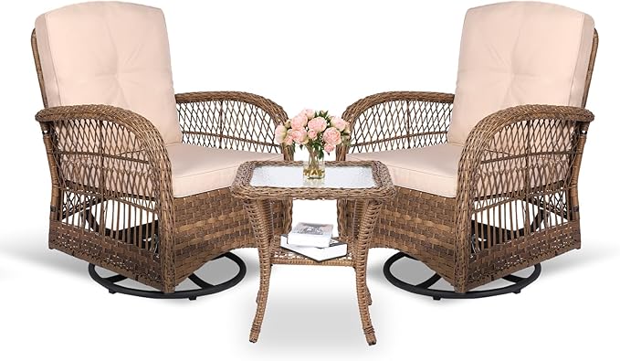 MEETWARM 3 Pieces Outdoor Wicker Swivel Rocker Patio Set, Rocking Chairs Rattan Patio Furniture Sets with Thickened Cushion and Glass-Top Coffee Table, Conversation Bistro Set for Porch (Light Brown)
