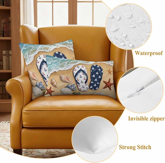 Blue Beige Seaside Outdoor Waterproof Throw Pillow Covers 26x26 Set of 2, Coastal Waves Starfish Summer Beach Nautical Decorative Pillowcases Cushion Pillowcase for Couch Sofa Patio Pillow Protector
