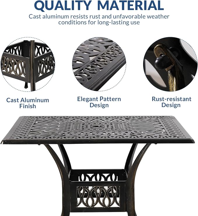 5-Piece Outdoor Patio Dining Set, All-Weather Cast Aluminum Patio Table Set, Include 4 Cushioned Chairs and a 35.4 inch Square Table w/Umbrella Hole for Balcony Garden Backyard, Navy Blue