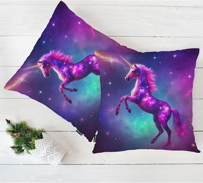 Swono Galaxy Unicorn 2Pcs Throw Pillow Covers for Men Women, Magical Unicorn Universe Galaxy Bedding Throw Pillowcase 18 X 18 Inch, Pillow Cushion Cover for Couch Sofa Bed Home